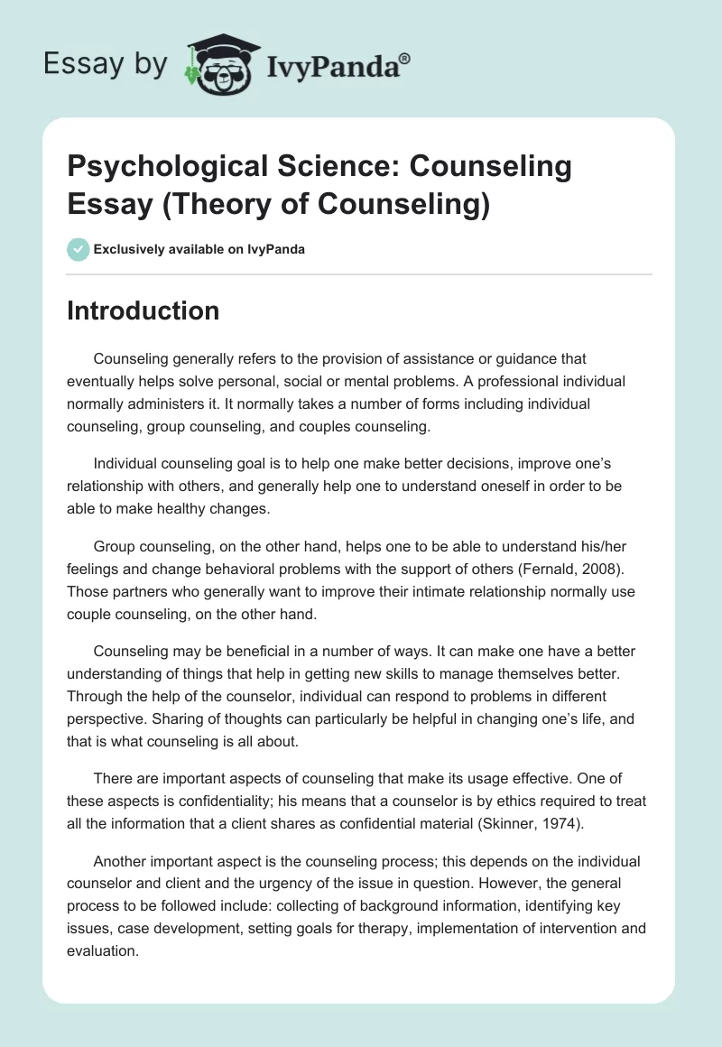 Psychological Science: Counseling Essay (Theory of Counseling). Page 1