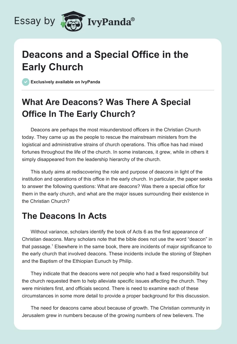 Deacons and a Special Office in the Early Church. Page 1