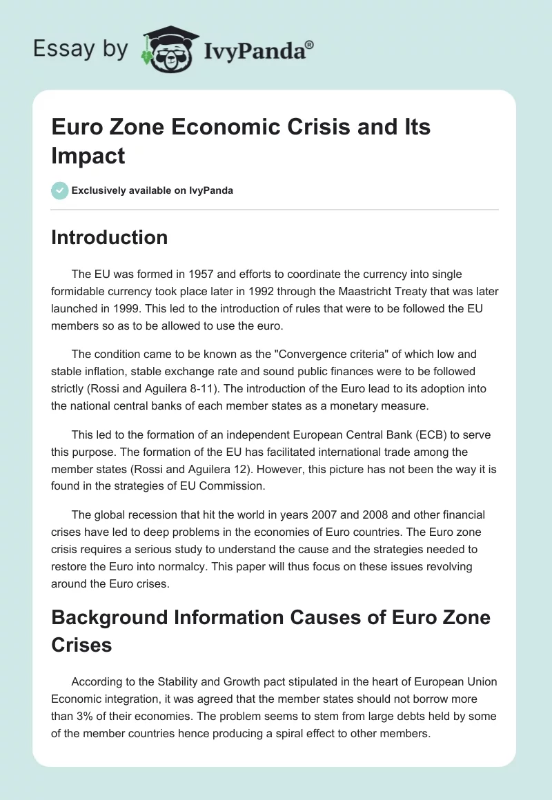Euro Zone Economic Crisis and Its Impact. Page 1