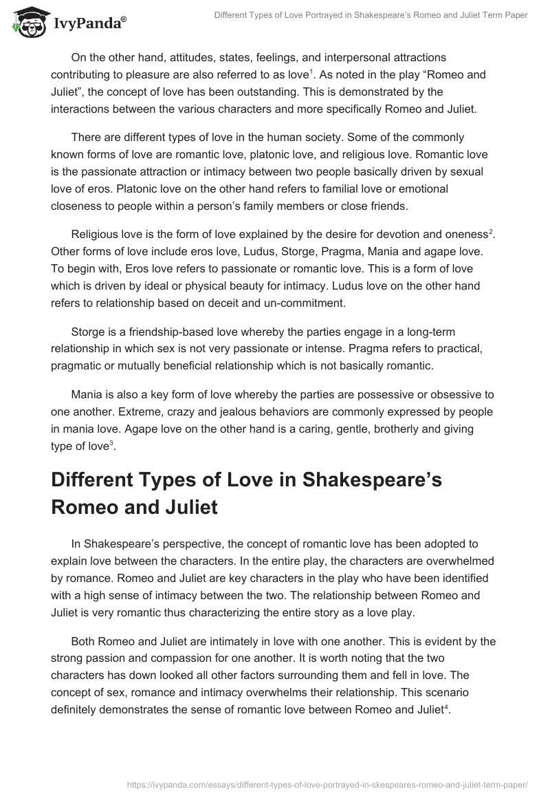 Different Types of Love Portrayed in Shakespeare’s Romeo and Juliet Term Paper. Page 2