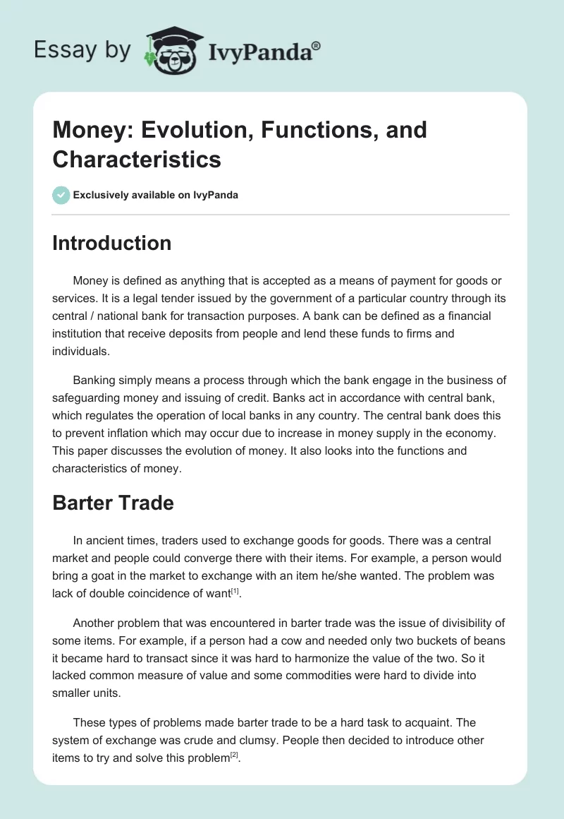 Money: Evolution, Functions, and Characteristics. Page 1