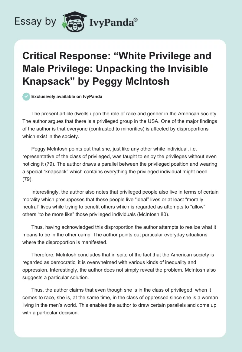 Critical Response: “White Privilege and Male Privilege: Unpacking the Invisible Knapsack” by Peggy McIntosh. Page 1