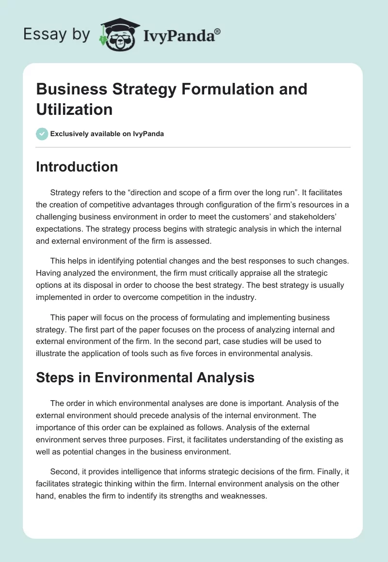 Business Strategy Formulation and Utilization. Page 1