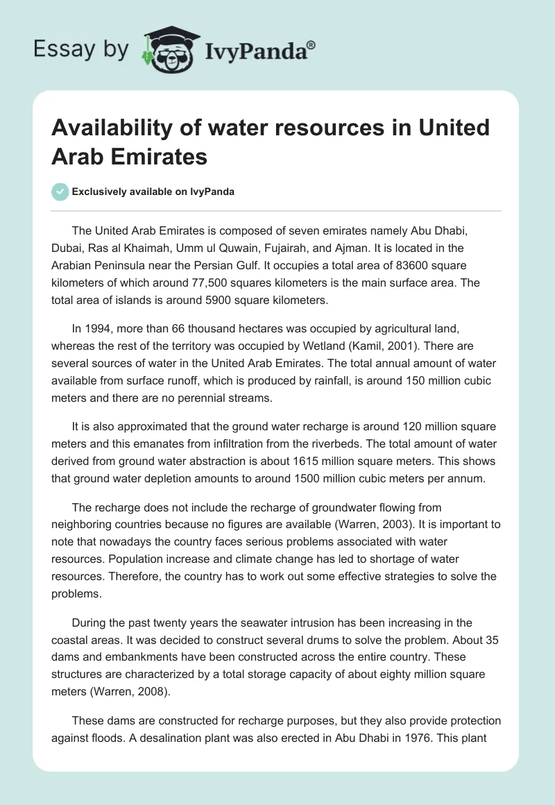 Availability of Water Resources in United Arab Emirates. Page 1