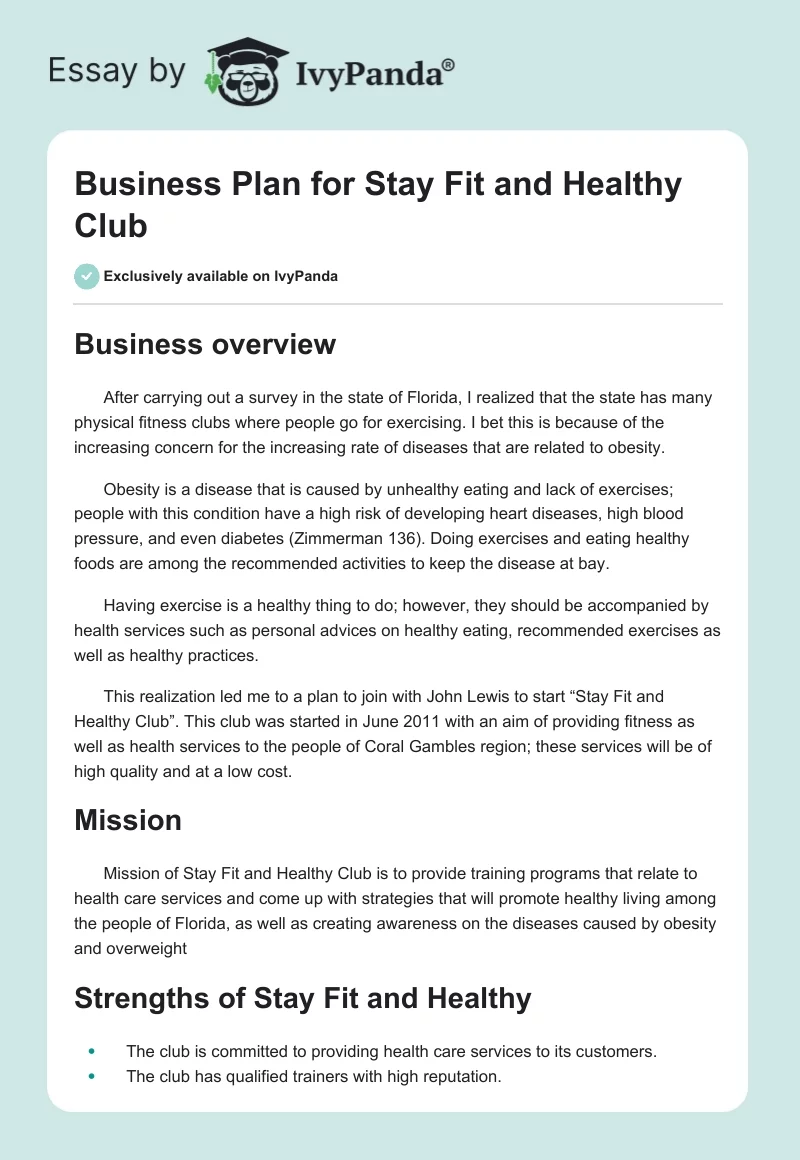 Business Plan for Stay Fit and Healthy Club. Page 1