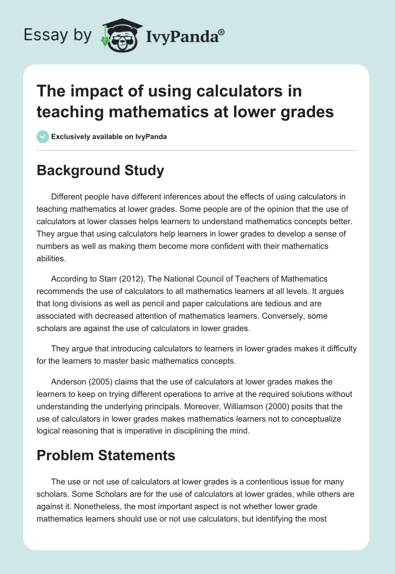The impact of using calculators in teaching mathematics at lower grades. Page 1