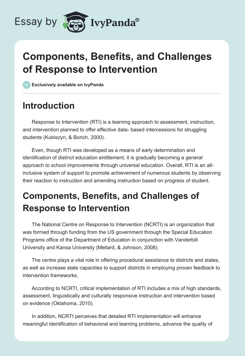 Components, Benefits, and Challenges of Response to Intervention. Page 1
