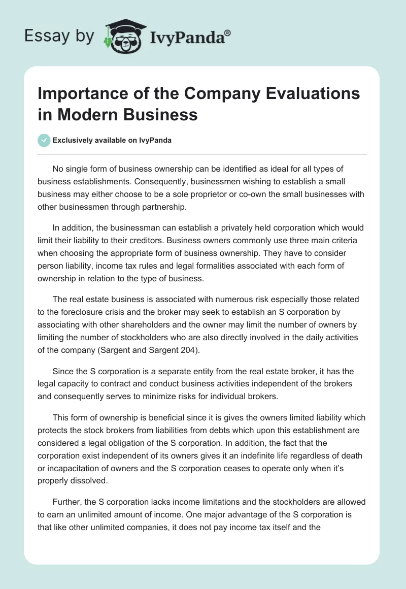 Importance of the Company Evaluations in Modern Business. Page 1