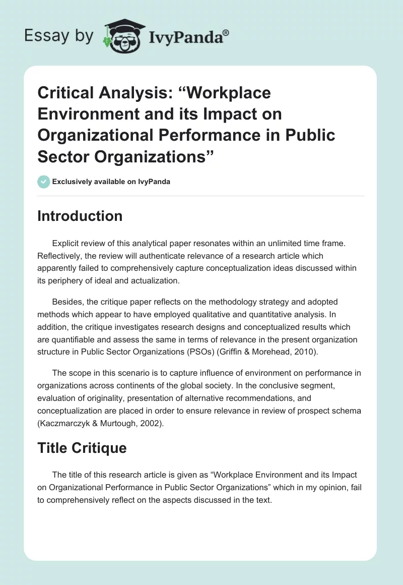 Critical Analysis: “Workplace Environment and Its Impact on Organizational Performance in Public Sector Organizations”. Page 1