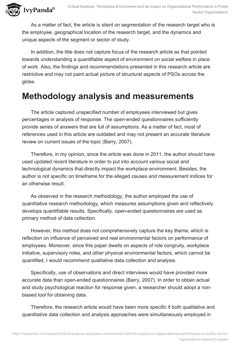 Critical Analysis: “Workplace Environment and Its Impact on Organizational Performance in Public Sector Organizations”. Page 2