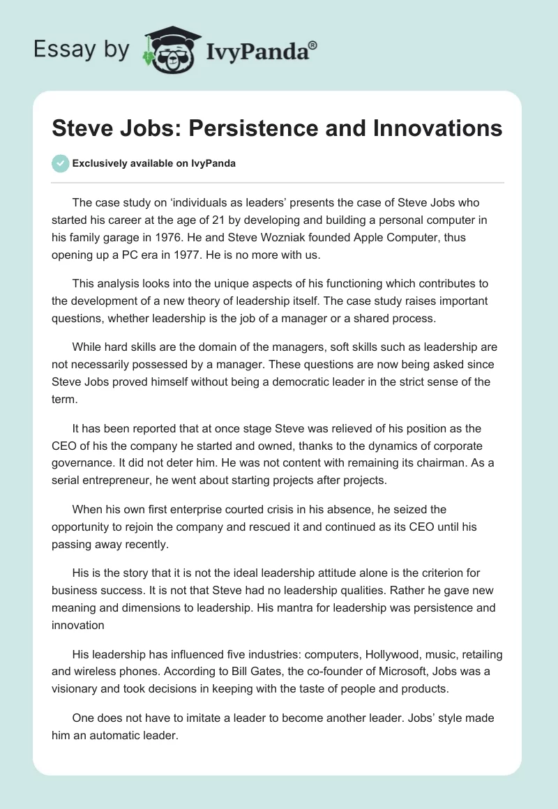 Steve Jobs: Persistence and Innovations. Page 1