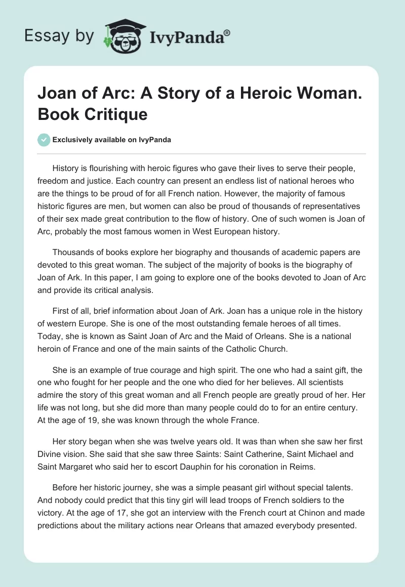 Joan of Arc: A Story of a Heroic Woman. Book Critique. Page 1