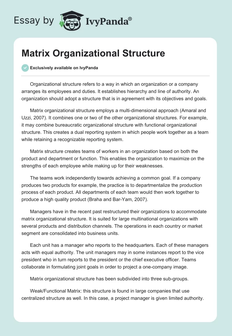 Matrix Organizational Structure. Page 1