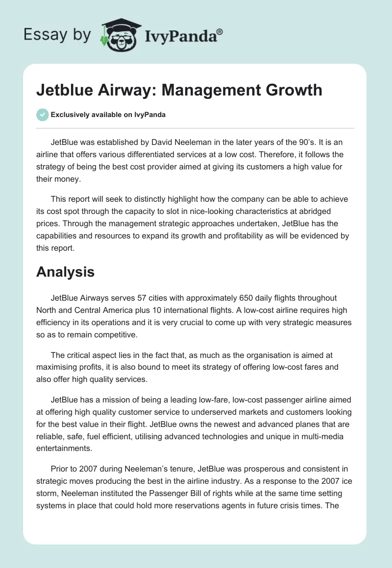 Jetblue Airway: Management Growth. Page 1