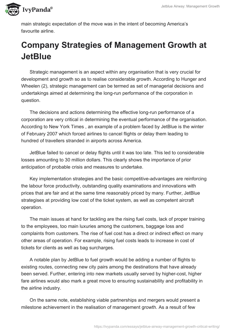 Jetblue Airway: Management Growth. Page 2