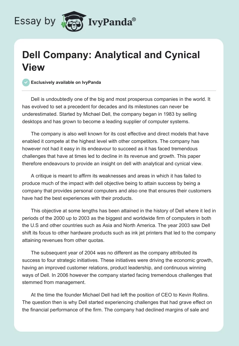 Dell Company: Analytical and Cynical View. Page 1