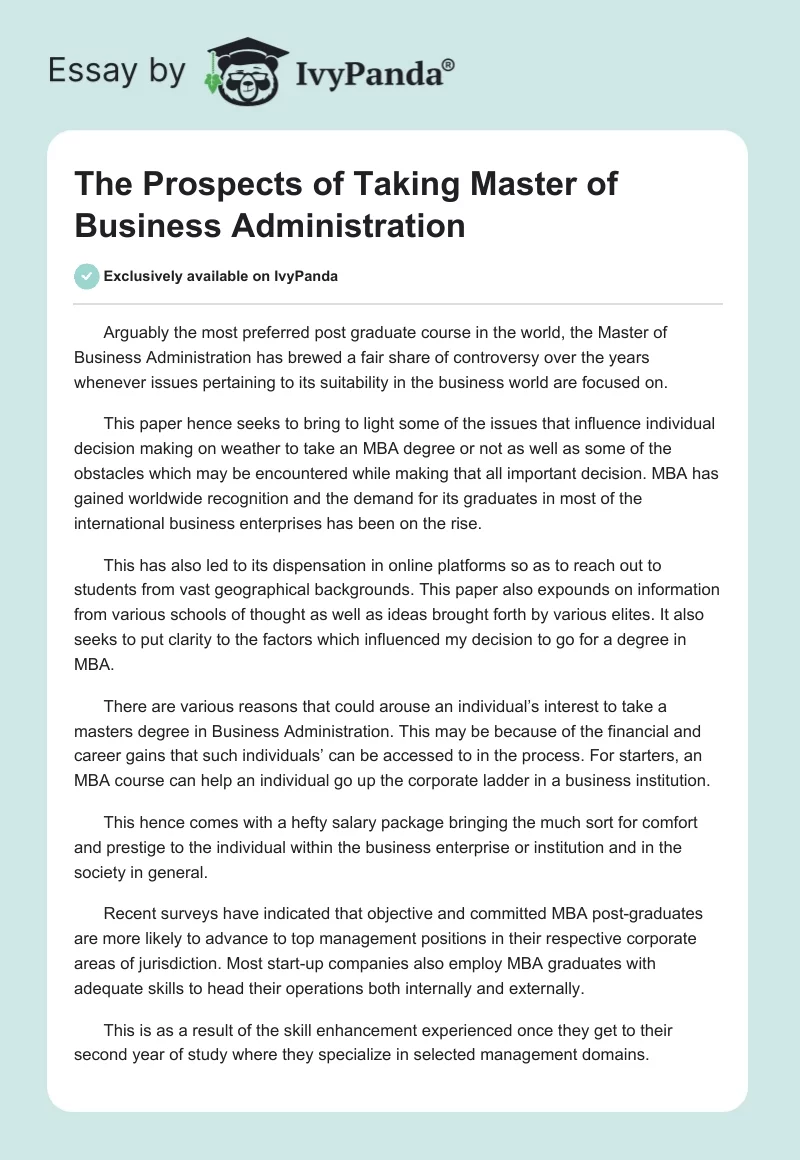 The Prospects of Taking Master of Business Administration. Page 1