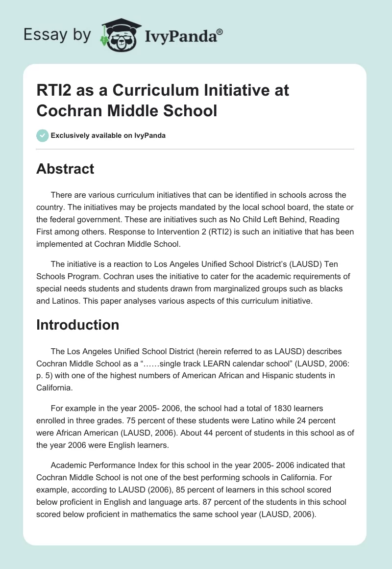 RTI2 as a Curriculum Initiative at Cochran Middle School. Page 1