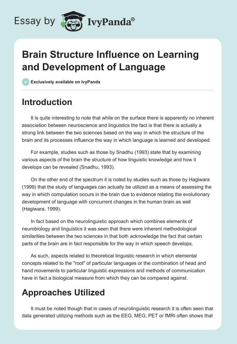 Brain Structure Influence on Learning and Development of Language. Page 1