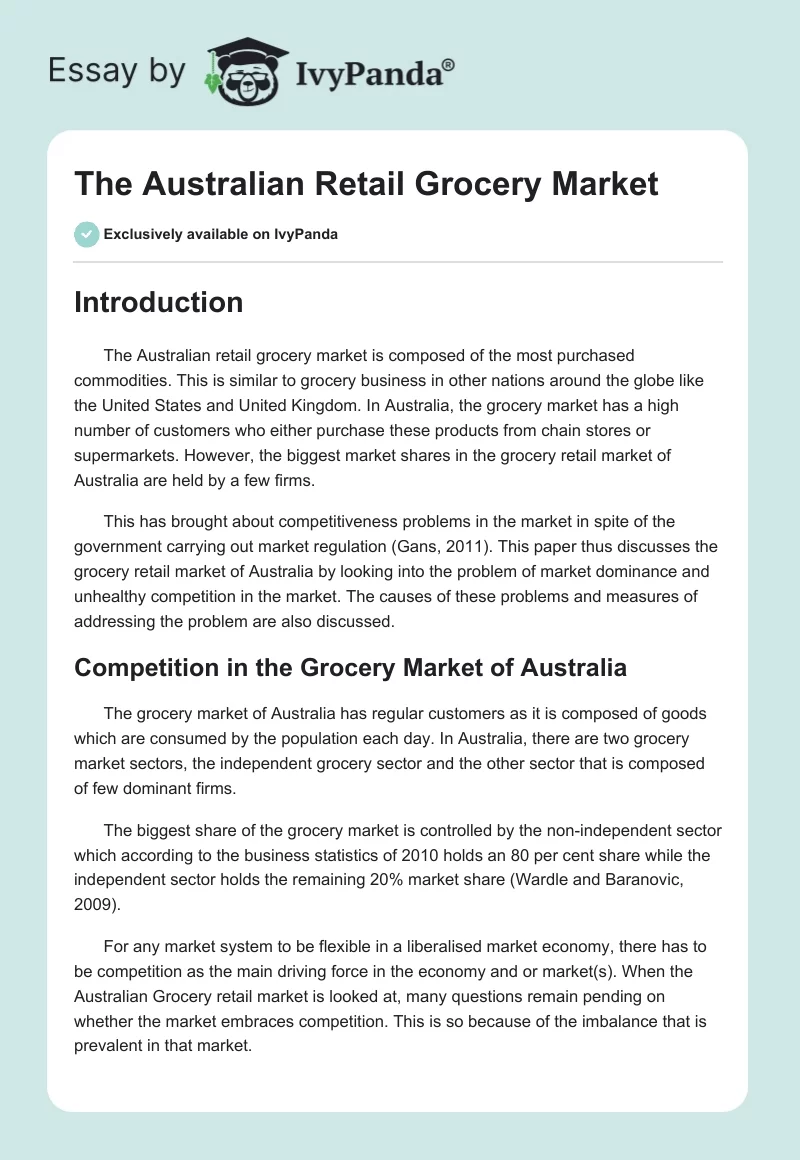 The Australian Retail Grocery Market. Page 1