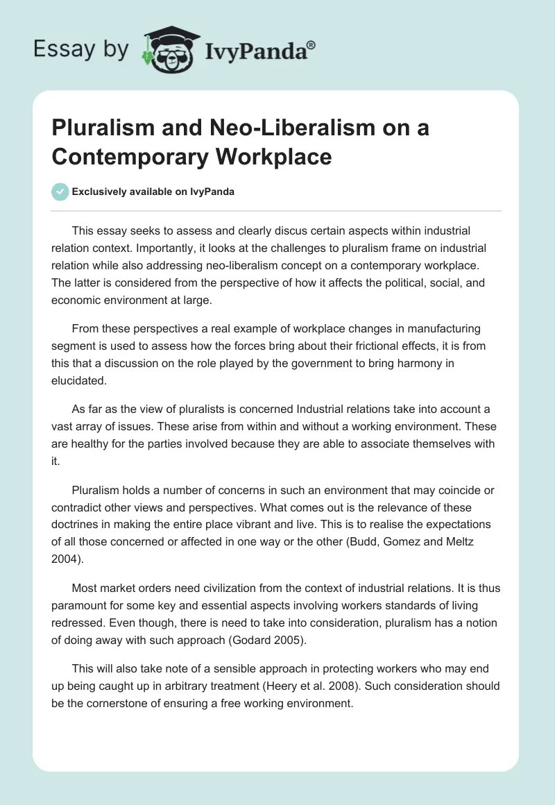Pluralism and Neo-Liberalism on a Contemporary Workplace. Page 1