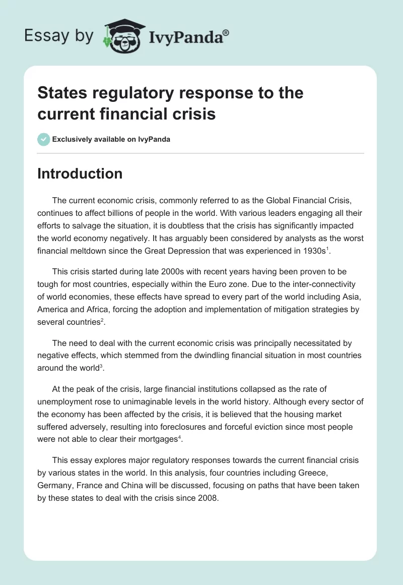 States regulatory response to the current financial crisis. Page 1
