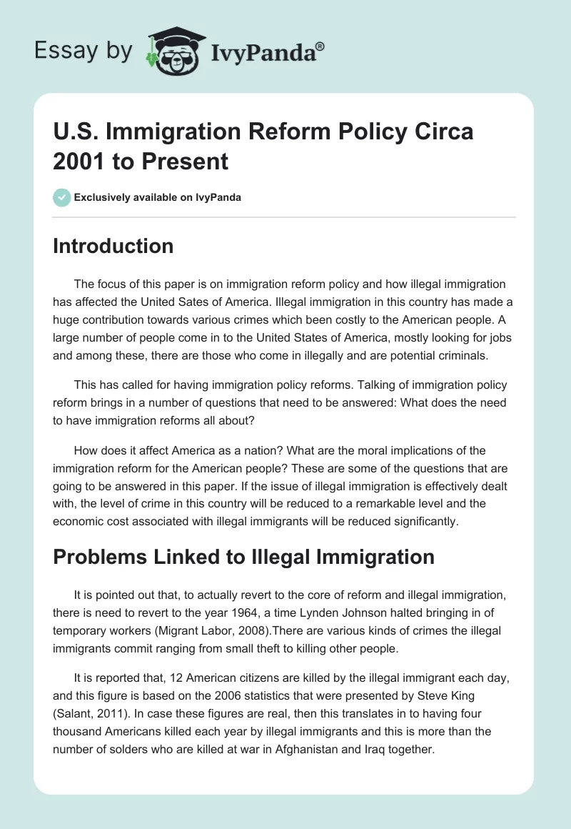 U.S. Immigration Reform Policy Circa 2001 to Present. Page 1