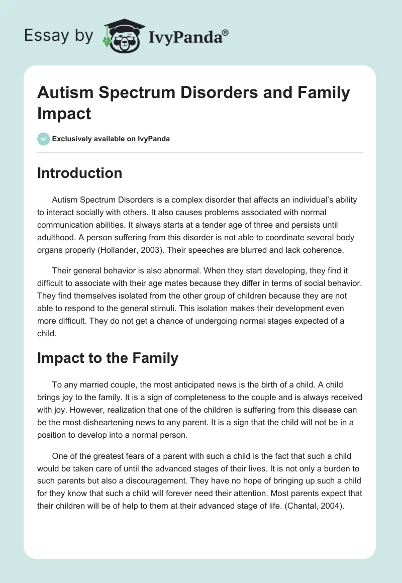 Autism Spectrum Disorders and Family Impact. Page 1