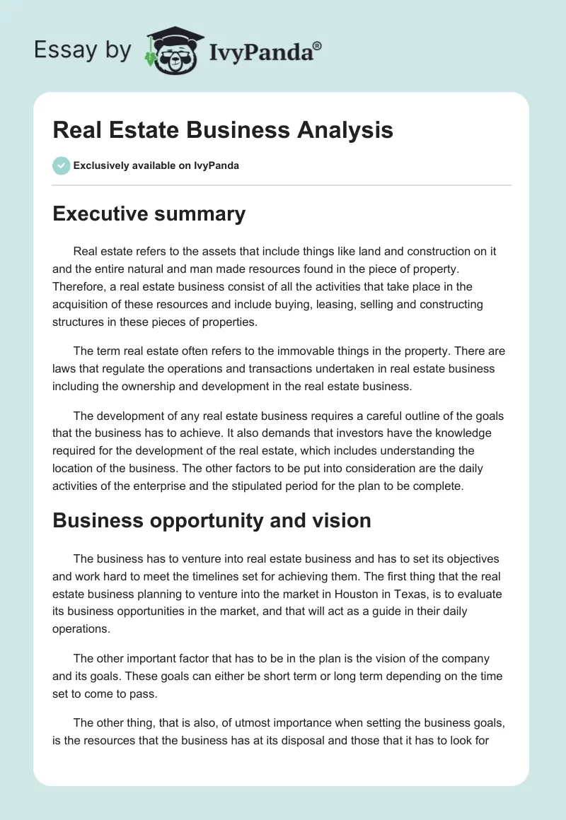 Real Estate Business Analysis. Page 1