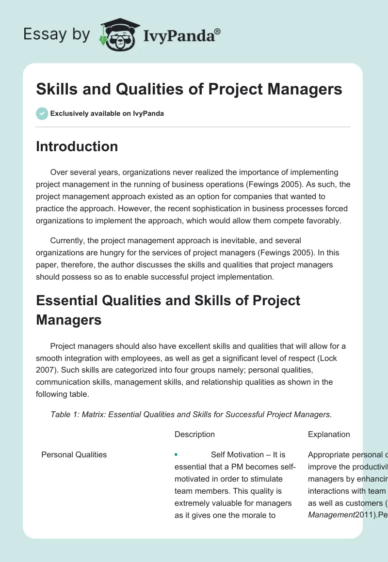 Skills and Qualities of Project Managers. Page 1