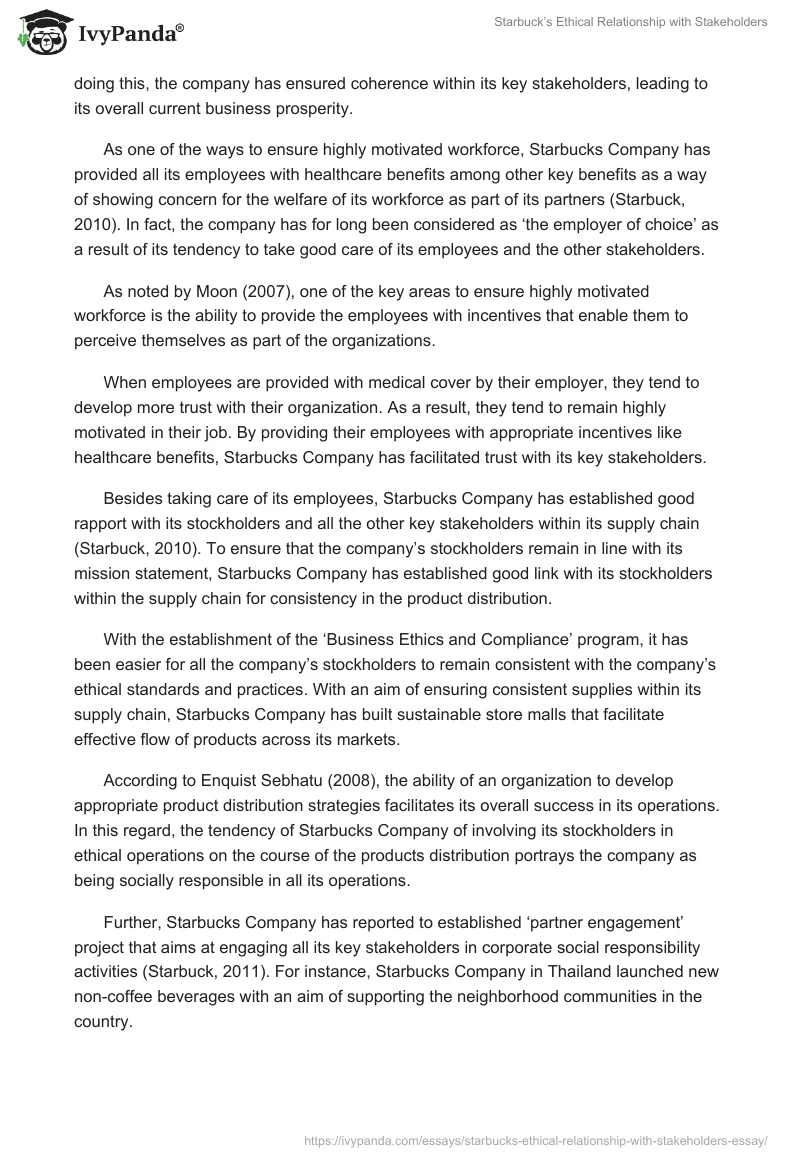 Starbuck’s Ethical Relationship with Stakeholders. Page 2