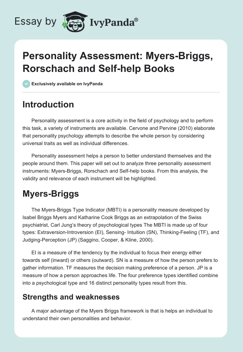 Personality Assessment: Myers-Briggs, Rorschach and Self-help Books. Page 1