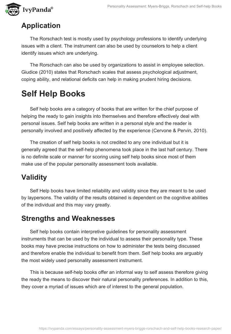Personality Assessment: Myers-Briggs, Rorschach and Self-help Books. Page 4