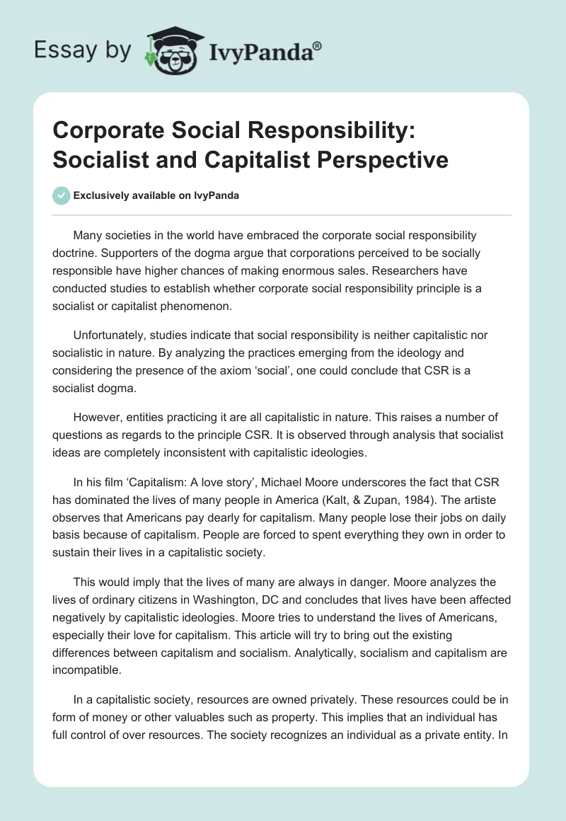 Corporate Social Responsibility: Socialist and Capitalist Perspective. Page 1