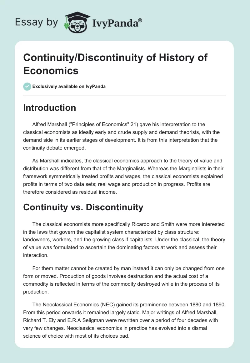 Continuity/Discontinuity of History of Economics. Page 1