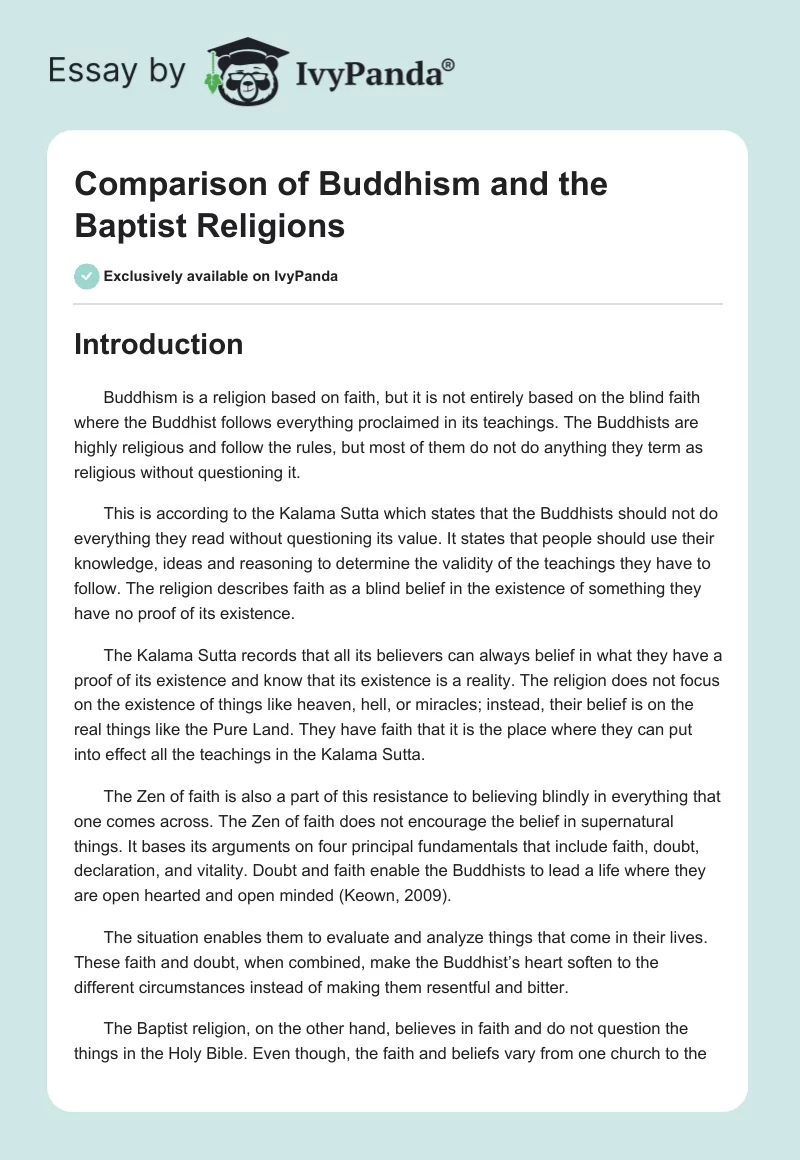 Comparison of Buddhism and the Baptist Religions. Page 1