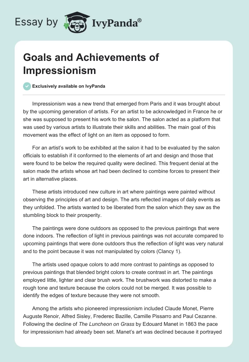Goals and Achievements of Impressionism. Page 1