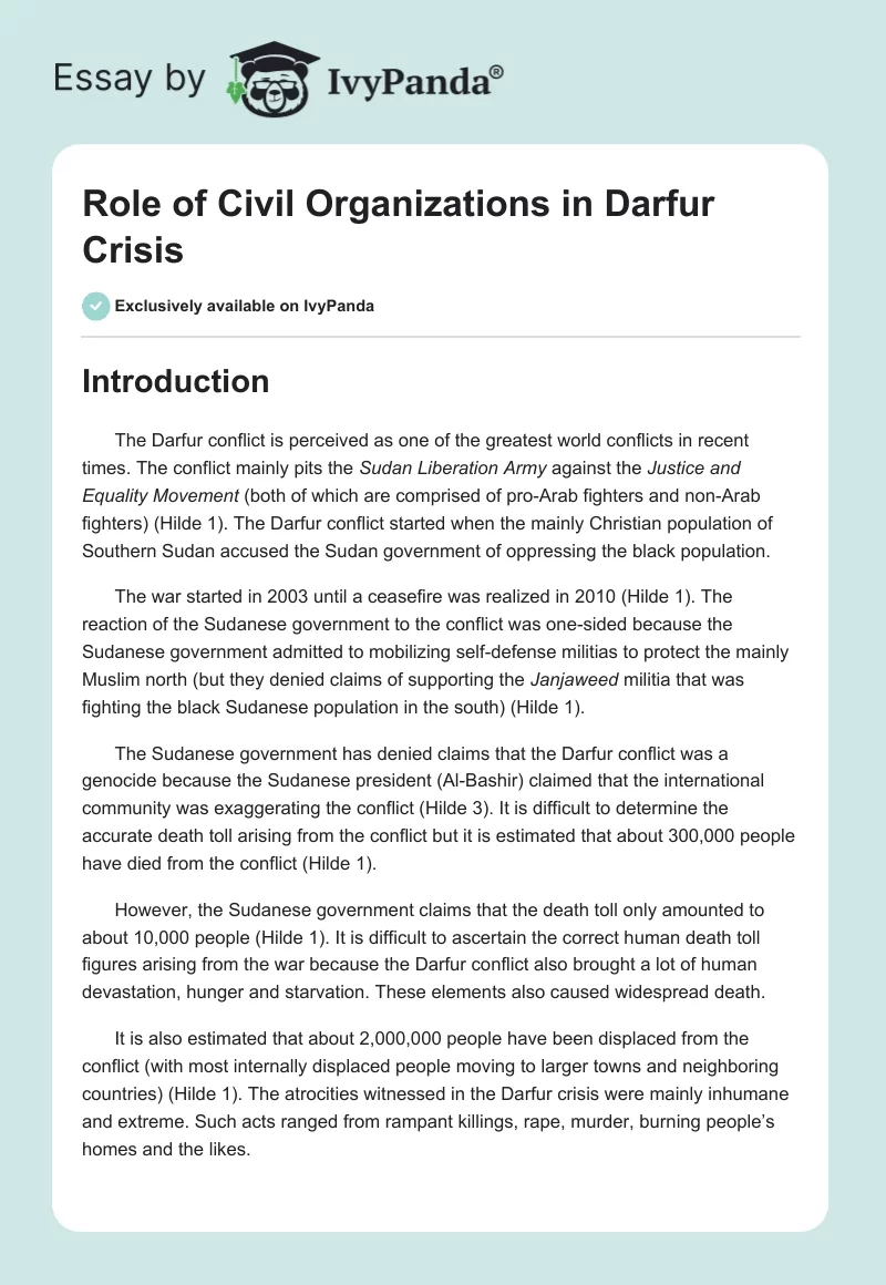 Role of Civil Organizations in Darfur Crisis. Page 1
