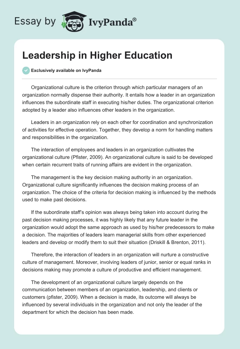 Leadership in Higher Education. Page 1
