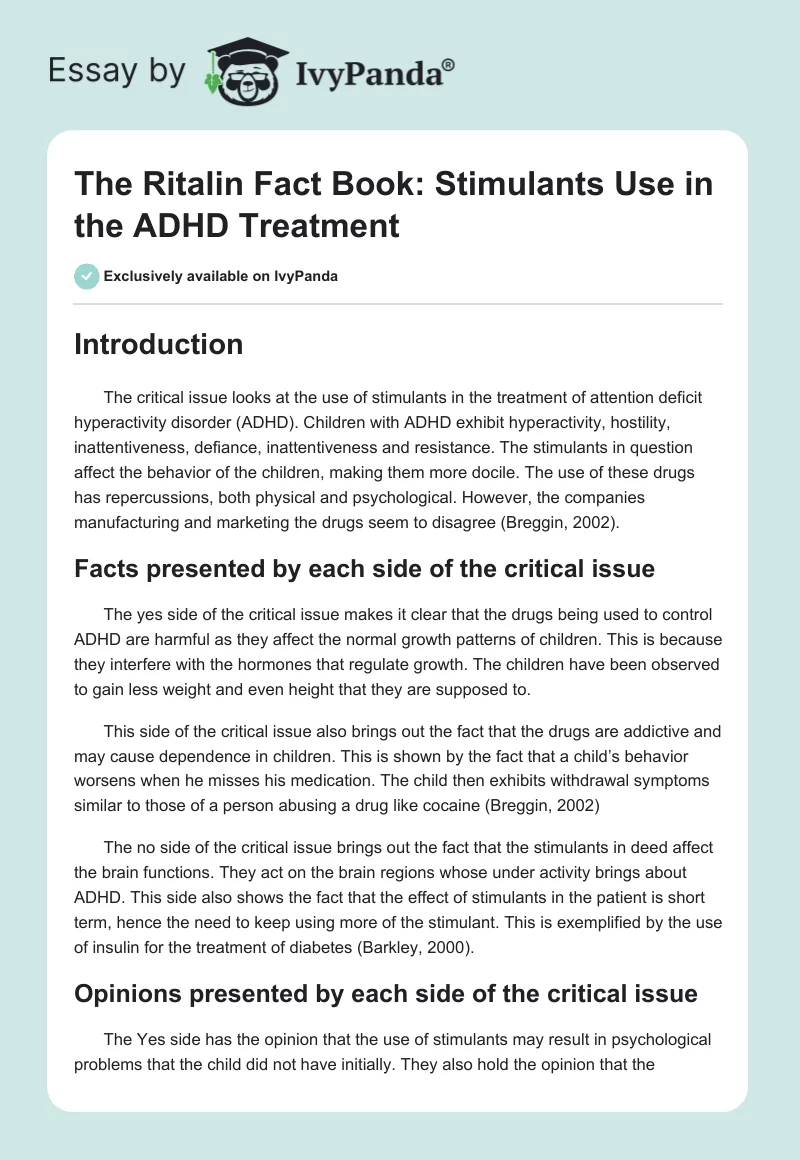 The Ritalin Fact Book: Stimulants Use in the ADHD Treatment. Page 1