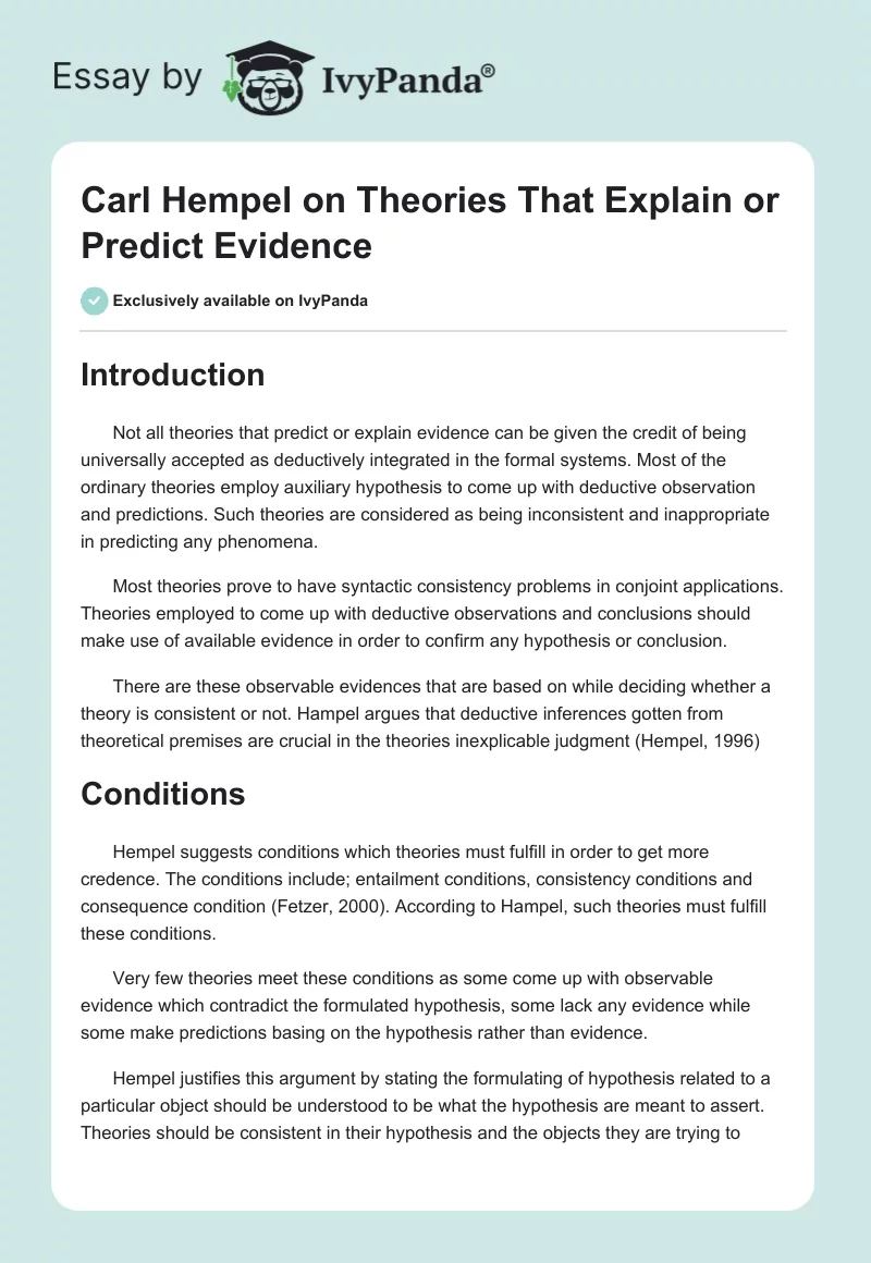 Carl Hempel on Theories That Explain or Predict Evidence. Page 1