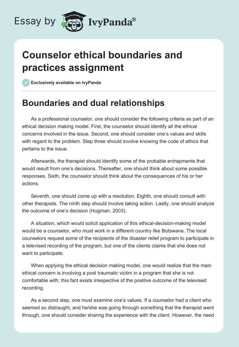 Counselor ethical boundaries and practices assignment. Page 1