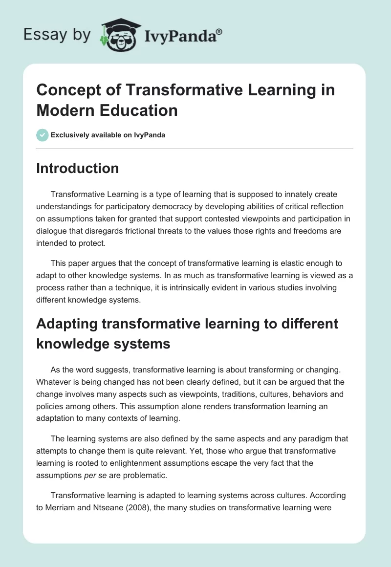 Concept of Transformative Learning in Modern Education. Page 1