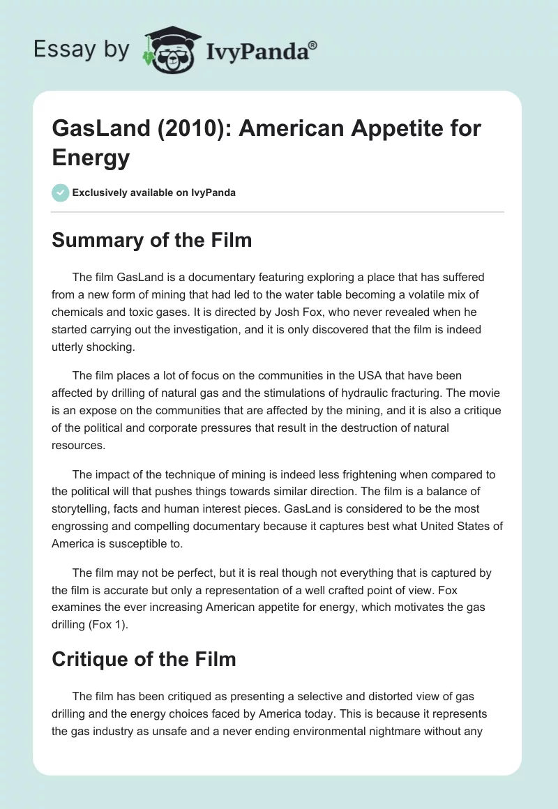 GasLand (2010): American Appetite for Energy. Page 1