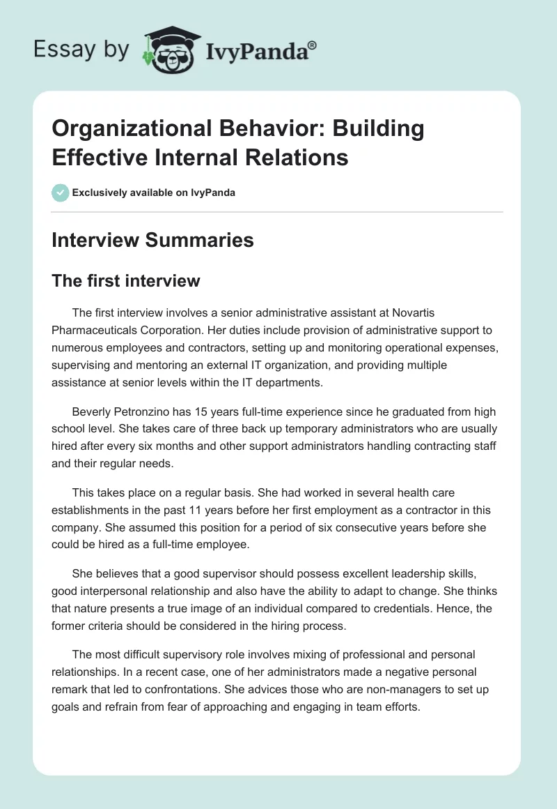 Organizational Behavior: Building Effective Internal Relations. Page 1