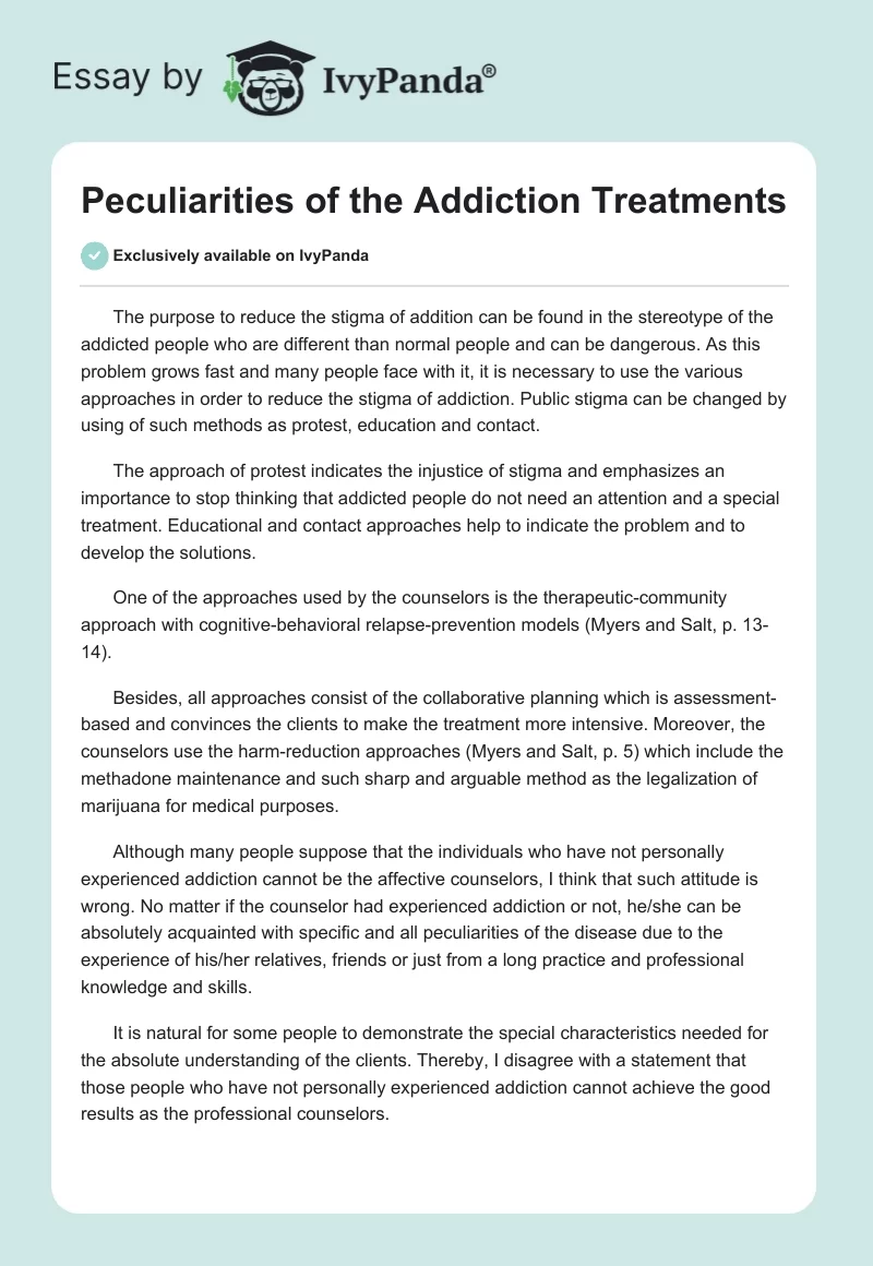 Peculiarities of the Addiction Treatments. Page 1