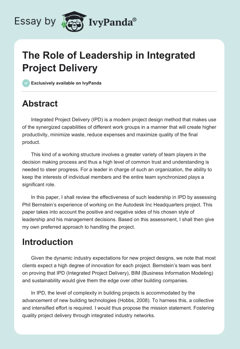 The Role of Leadership in Integrated Project Delivery. Page 1