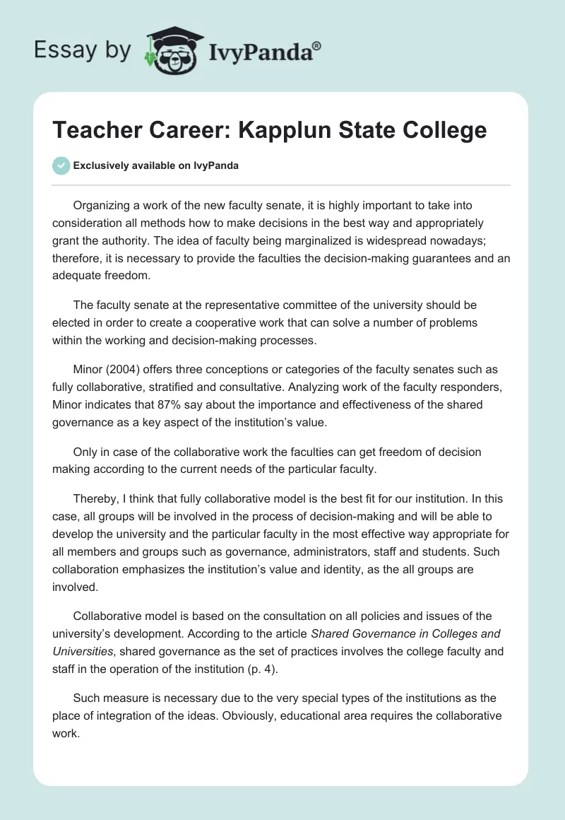 Teacher Career: Kapplun State College. Page 1