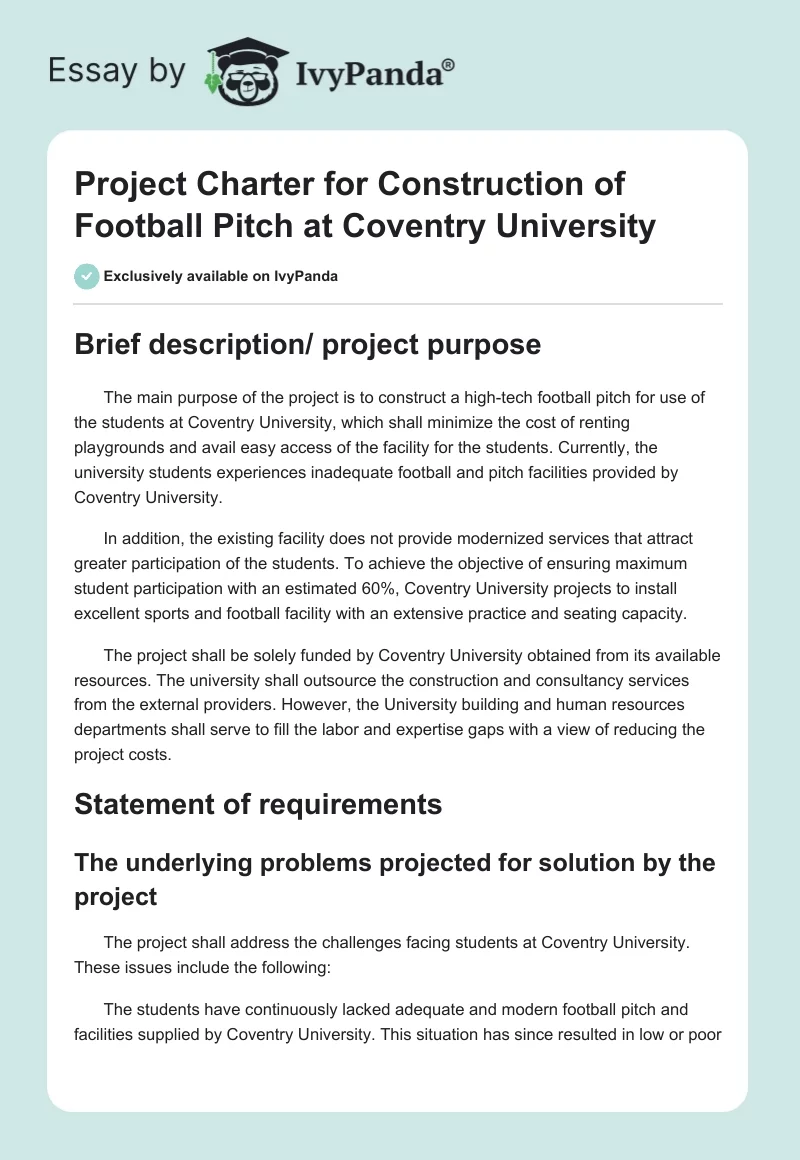 Project Charter for Construction of Football Pitch at Coventry University. Page 1