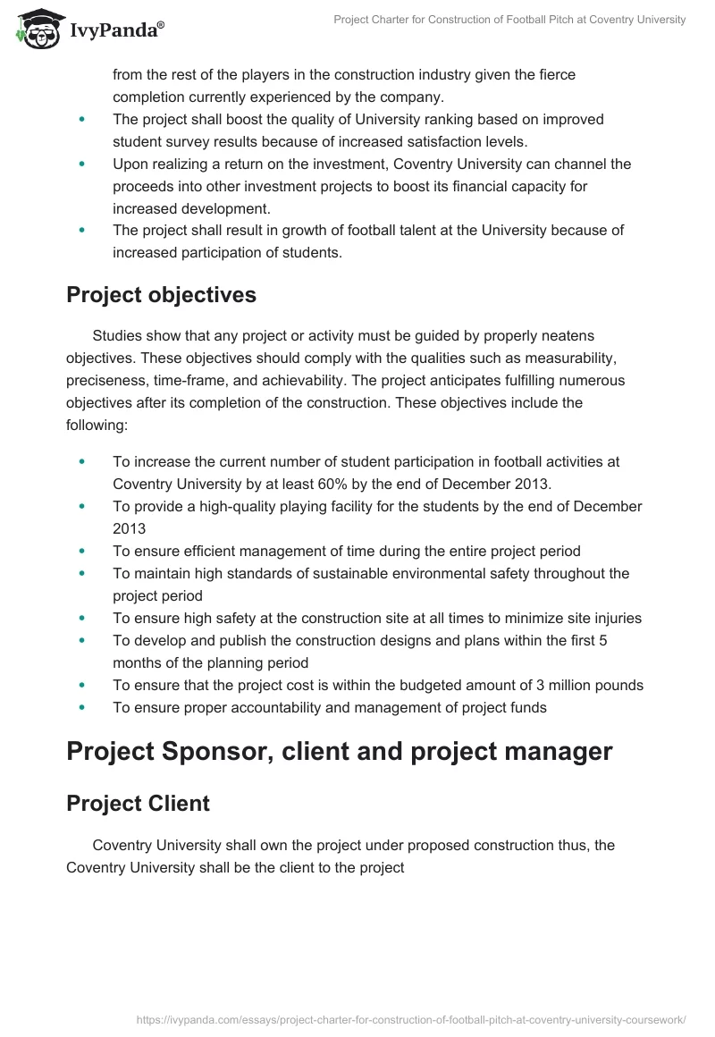Project Charter for Construction of Football Pitch at Coventry University. Page 3